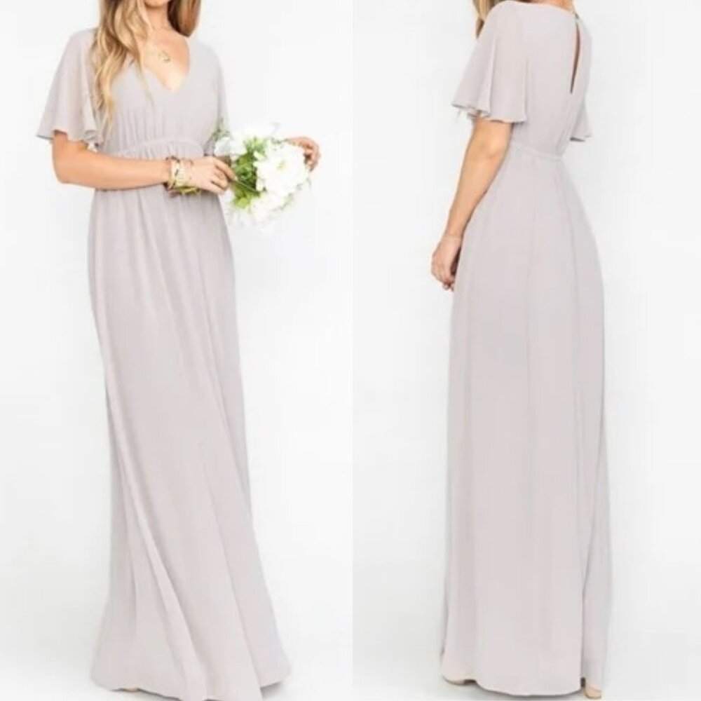 NWT Show Me Your Mumu Emily Empire Maxi Dress Size M Dove Grey Chiffon